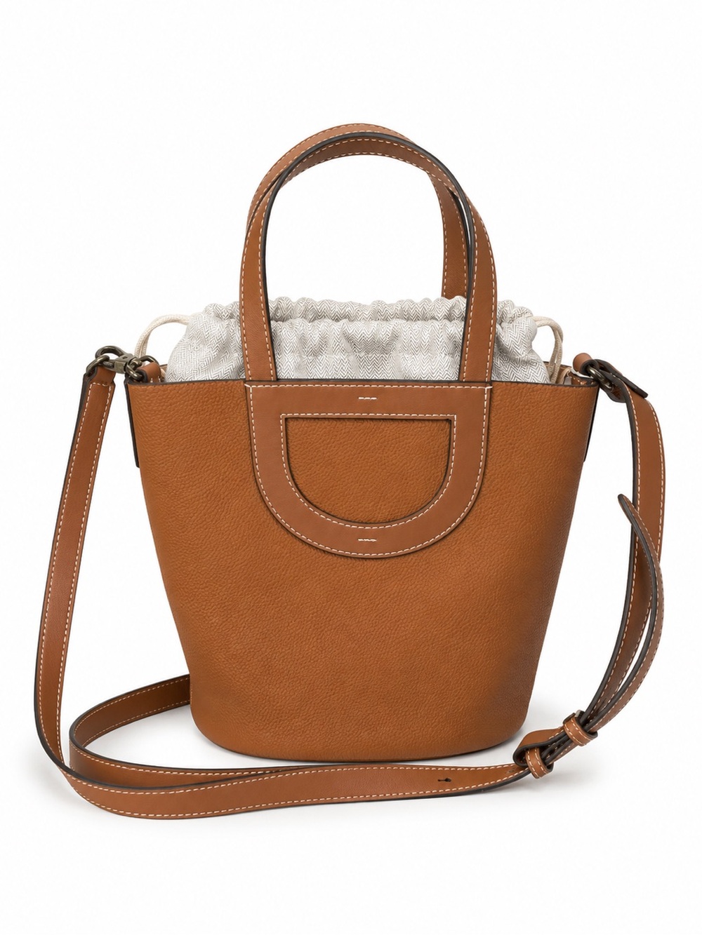 Leather Bucket Tote with Drawstring Pouch - Brown